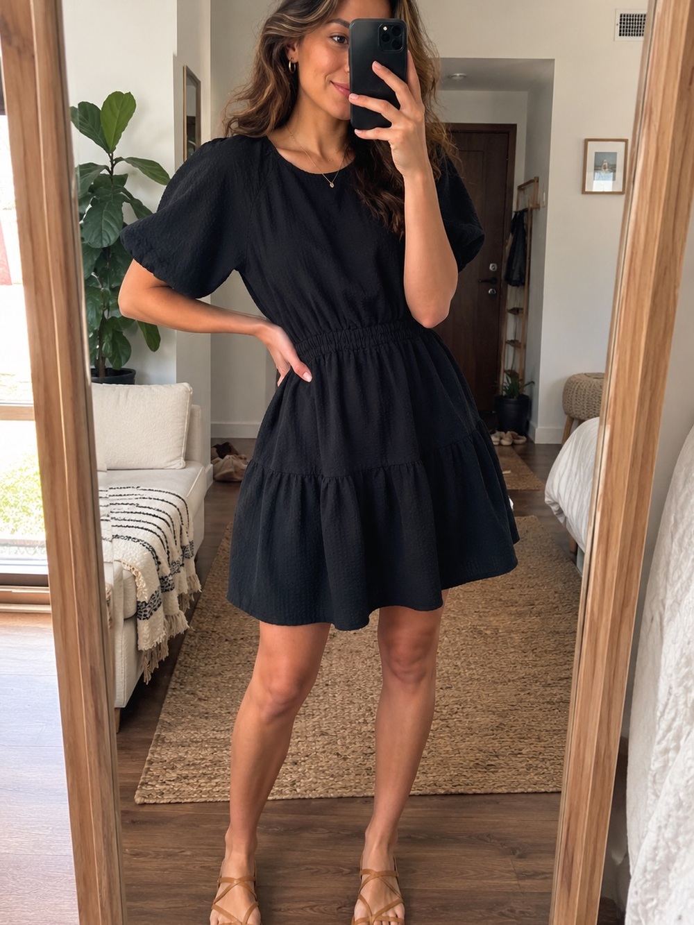 Madewell Black Puff Sleeve Cutout Mini Dress Cottagecore Boho L Tiered Flowy